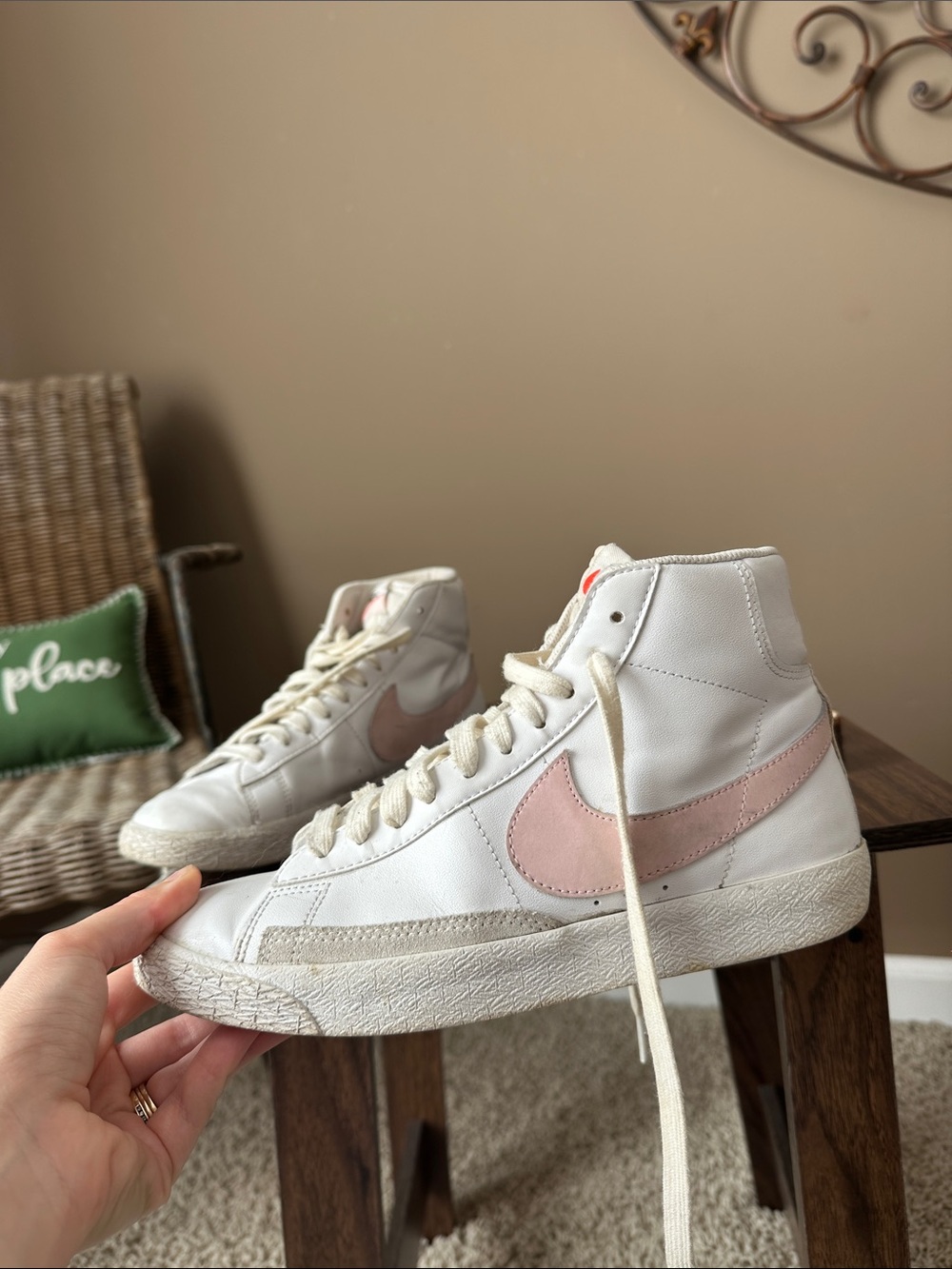 Nike White High-Top Sneakers with Pink Swoosh